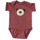 mauve baby onesie with a bear face design on a white background