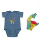 Llama Tooth Pillow Plushie in Fiesta Batik and Baby Onesie with Llama Applique in bright multi-colored cotton batik.