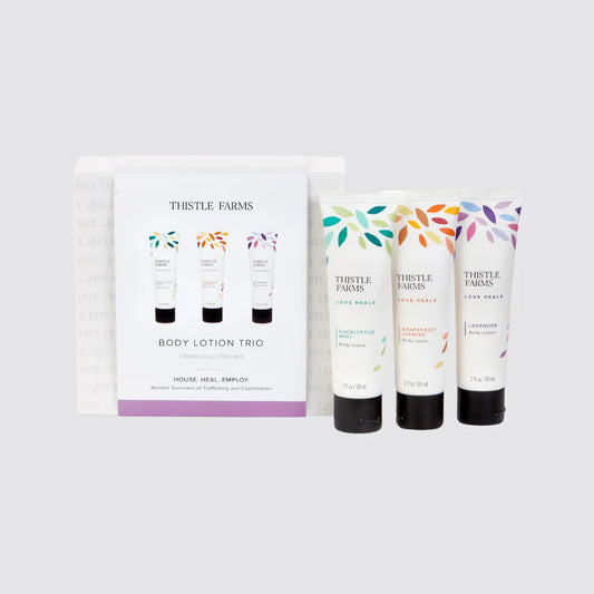 Thistle Farms body lotion trio with Eucalyptus Mint, Grapefruit Jasmine and Lavender. 
