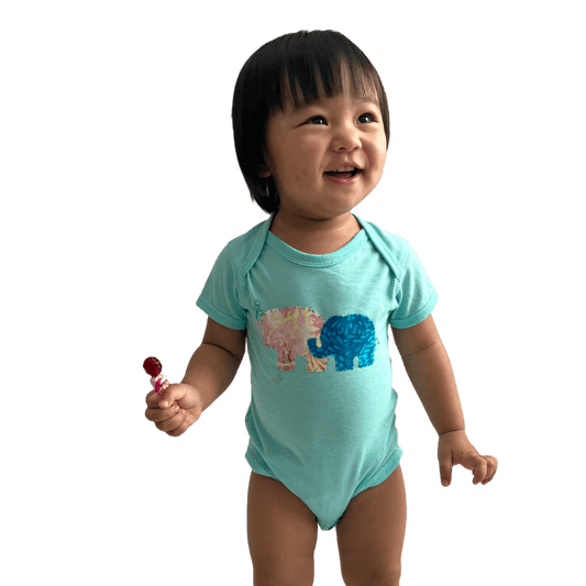 Baby Onesie with Hand-Appliqued Batik Mama & Baby Elephant - Forai