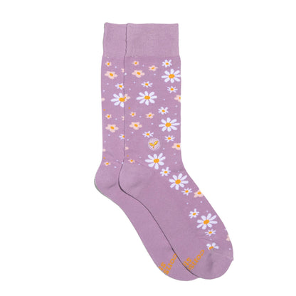 Lavender crew socks with floral pattern on a white background