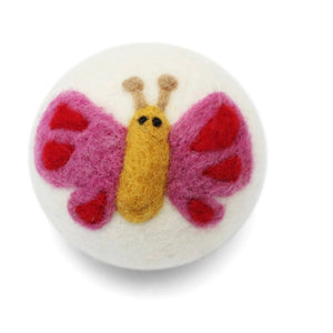 Pink Butterfly dryer ball made with 100% organic wool. Fair Trade.