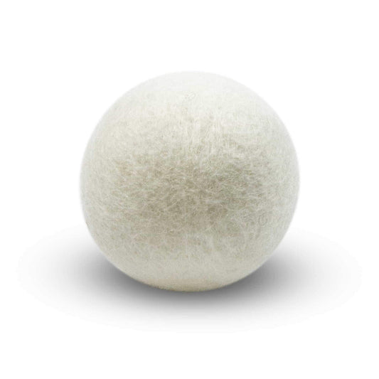 White dryer ball made with 100% organic wool. Fair Trade.