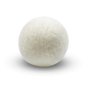 White dryer ball made with 100% organic wool. Fair Trade.
