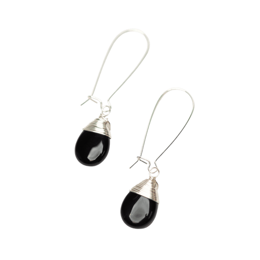 Black Onyx Teardrop Earrings in Silver - Forai