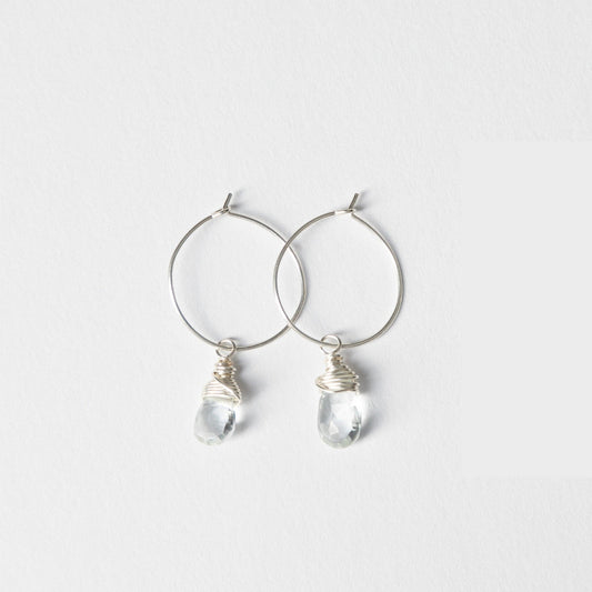 Mini-Hoop Aqua Quartz Charm Earrings in Sterling Silver