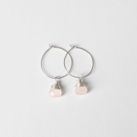 Mini-Hoop Rose Quartz Charm Earrings in Sterling Silver