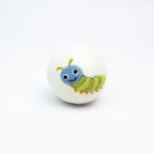 reusable wool dryer ball with cute caterpillar design on a white background