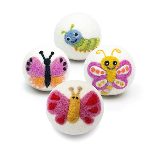 reusable wool dryer ball with cute caterpillar design on a white background