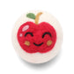 Felted apple-shaped wool dryer ball with a smiling face on a white background