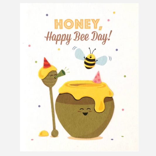 Birthday greeting card with message, Honey Happy Bee Day! Cartoon honey pot with a bee and party hats. Recycled. Handmade.