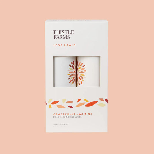 Thistle Farms hand soap and hand lotion set in grapefruit and jasmine. 