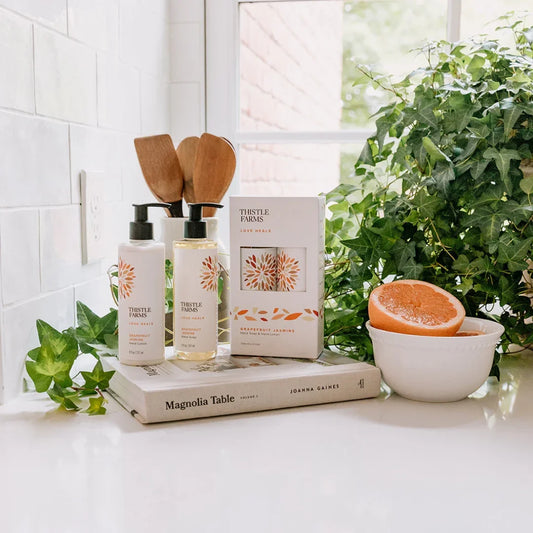 Thistle Farms hand soap and hand lotion set in grapefruit and jasmine. 