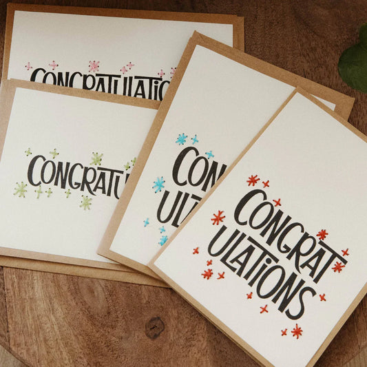 Greeting Cards with 'Congratulations' in multi-colors. Handmade. Set of 4. Fair Trade.