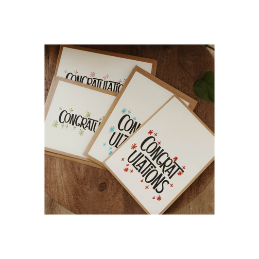 Greeting Cards with 'Congratulations' in multi-colors. Handmade. Set of 4. Fair Trade.