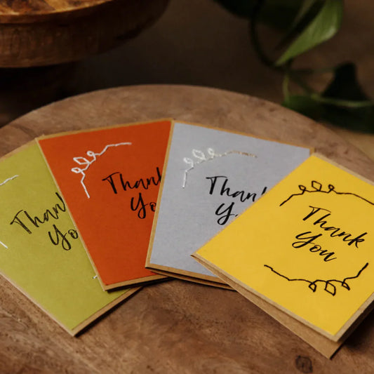 Greeting Cards with 'Thank You' in multiple colors. Handmade. Set of 4. Fair Trade.
