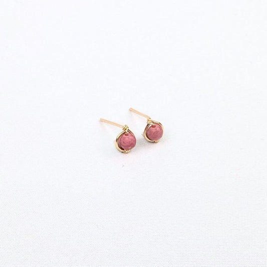 pair of gold stud earrings with pink beads in the center on a white background