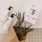 Boxed and unboxed sets of Lavender soap and lotion sets from Thistle Farms on white background with dried lavender.