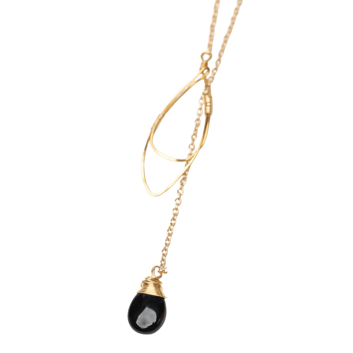 Black Onyx Teardrop Lariat Necklace in Gold - Forai