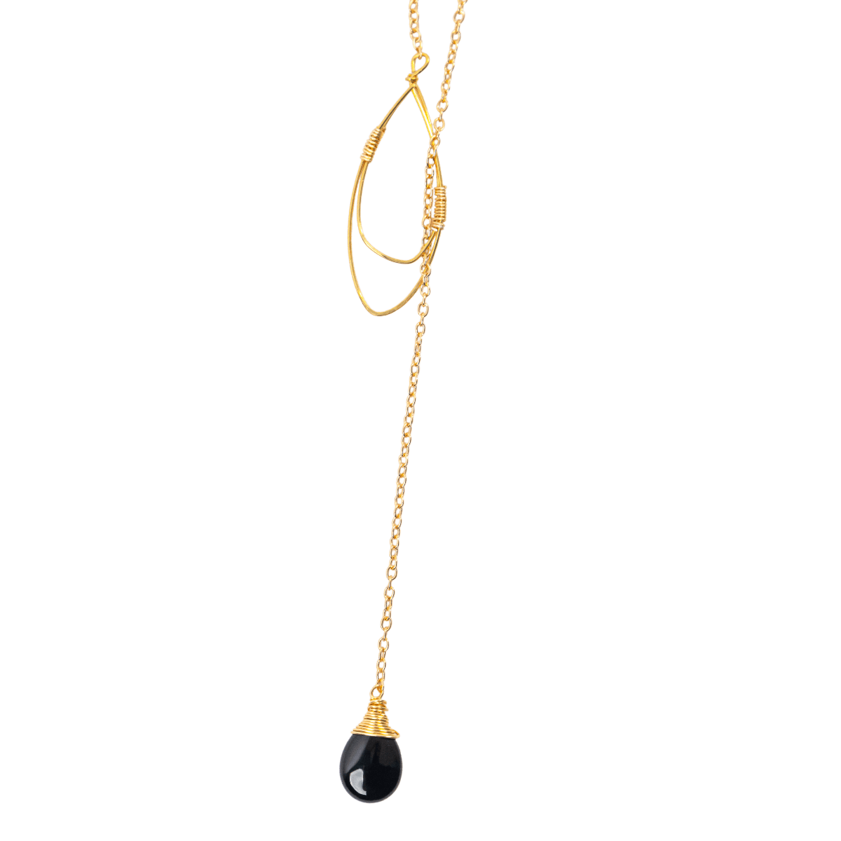 Black Onyx Teardrop Lariat Necklace in Gold - Forai