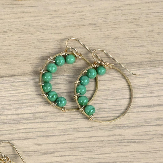 Olivia Beaded Earring in Green Malachite | 14k Gold Filled