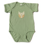Green baby onesie with a owl design on a white background
