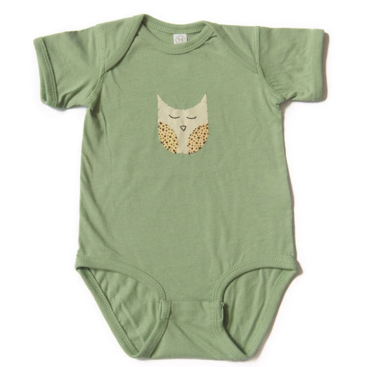Green baby onesie with a owl design on a white background