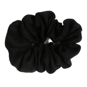 A handmade black linen scrunchie on a white background.