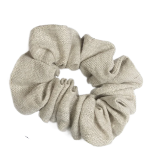 A natural linen scrunchie displayed on a white background.