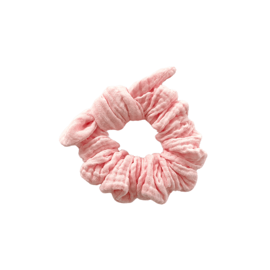 Pink double cotton gauze scruchie with tie on white background