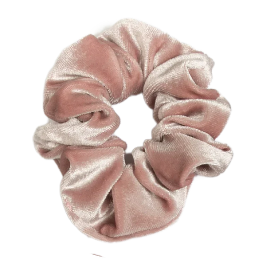 A handmade rose gold velvet scrunchie.
