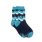 Navy and teal socks with wave pattern on a white background