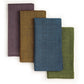 Four folded textured fabric napkins in overlapping vertical rows, shown on a plain white background. The napkins are in muted purple, mustard brown, slate blue, and olive green.