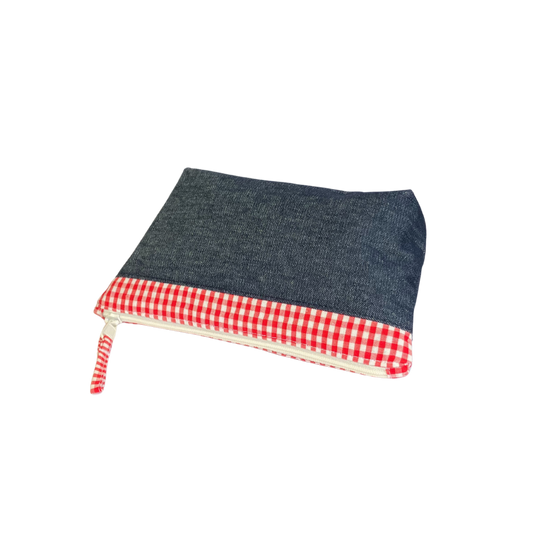 Denim zipper pouch with red and white gingham contrast and gingham check zipper pull