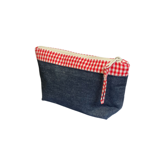 Denim zipper pouch with red and white gingham contrast and gingham check zipper pull