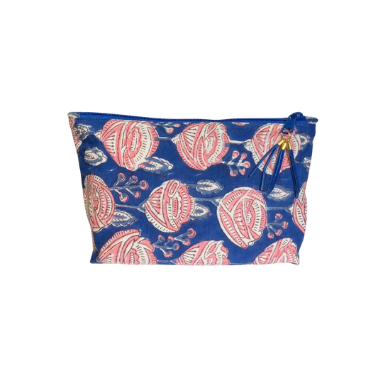 Two jaipur block print pouches, one white with pink pom-pom flowers and the other blue with pink roses.