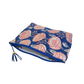 Blue Jaipur block print zipper pouch with pink floral pattern on a bright blue background.