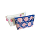 Two jaipur block print pouches, one white with pink pom-pom flowers and the other blue with pink roses.