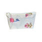 White Jaipur block print zipper pouch with pink pom-pom flowers on a white background