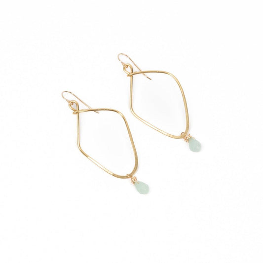 Closeup of woman's ear with Kayah Li Hammered Brass and Amazonite Earrings - Forai