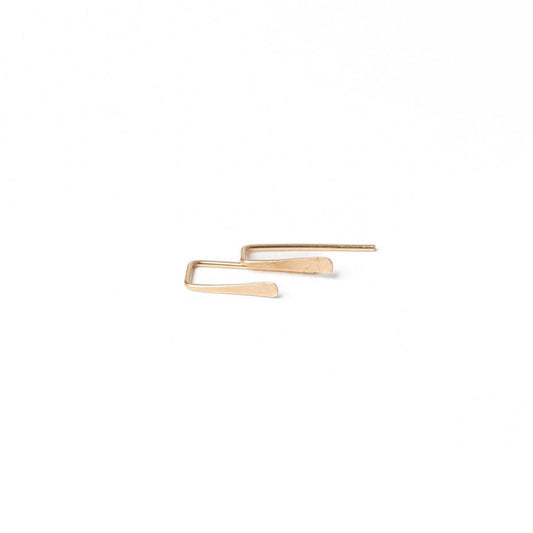 A close-up image of a woman's ear wearing a 14k gold-filled staple threader earring with a hand-hammered detail. Waterproof. Minimalist.